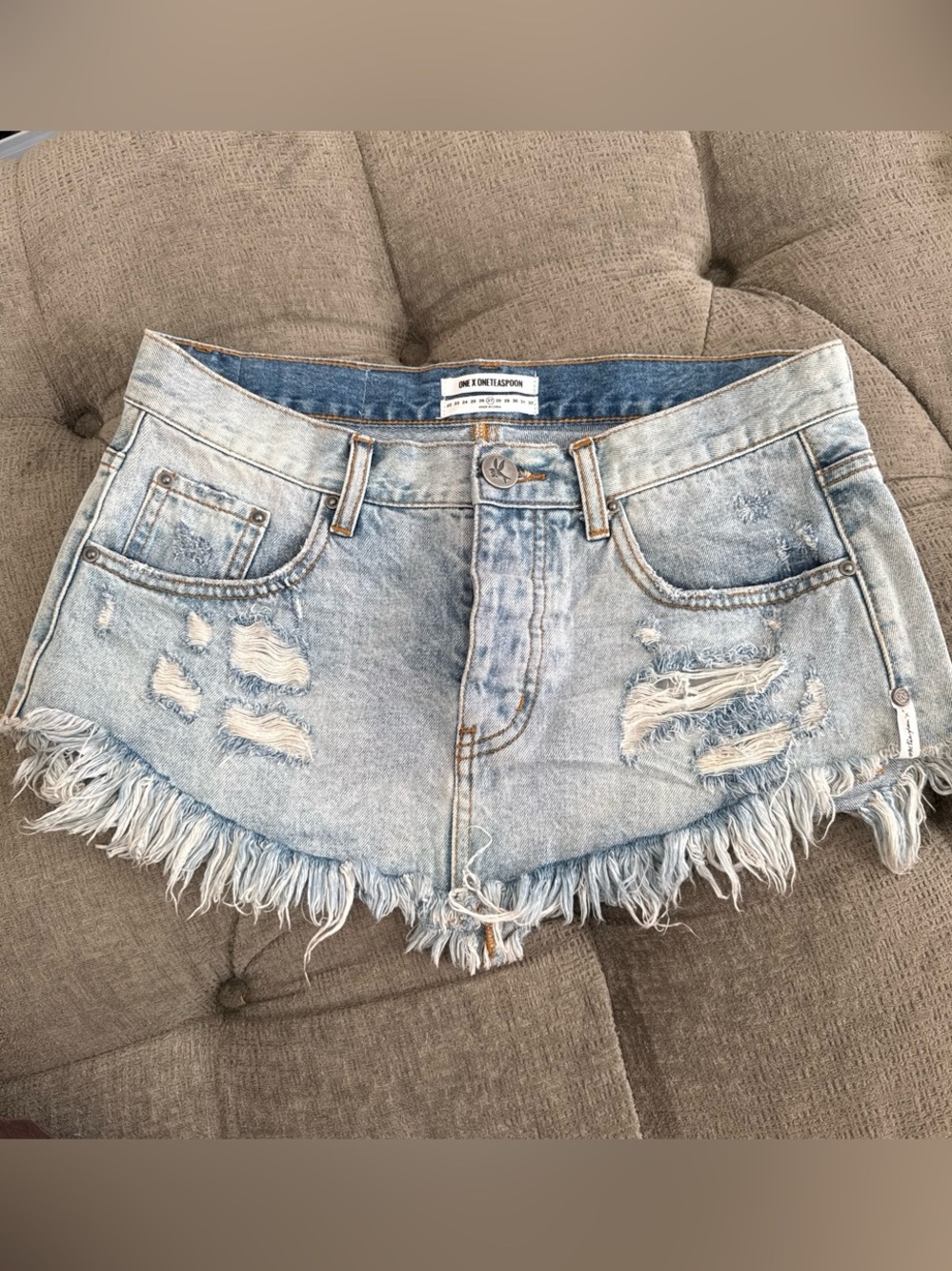 One Teaspoon Light Wash Distressed Denim Mini Skirt